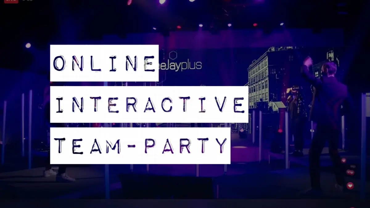 Virtuelle Online-Team-Party mit interaktiven Spielen, moderner Stadtansicht und lebendiger Lichtgestaltung.