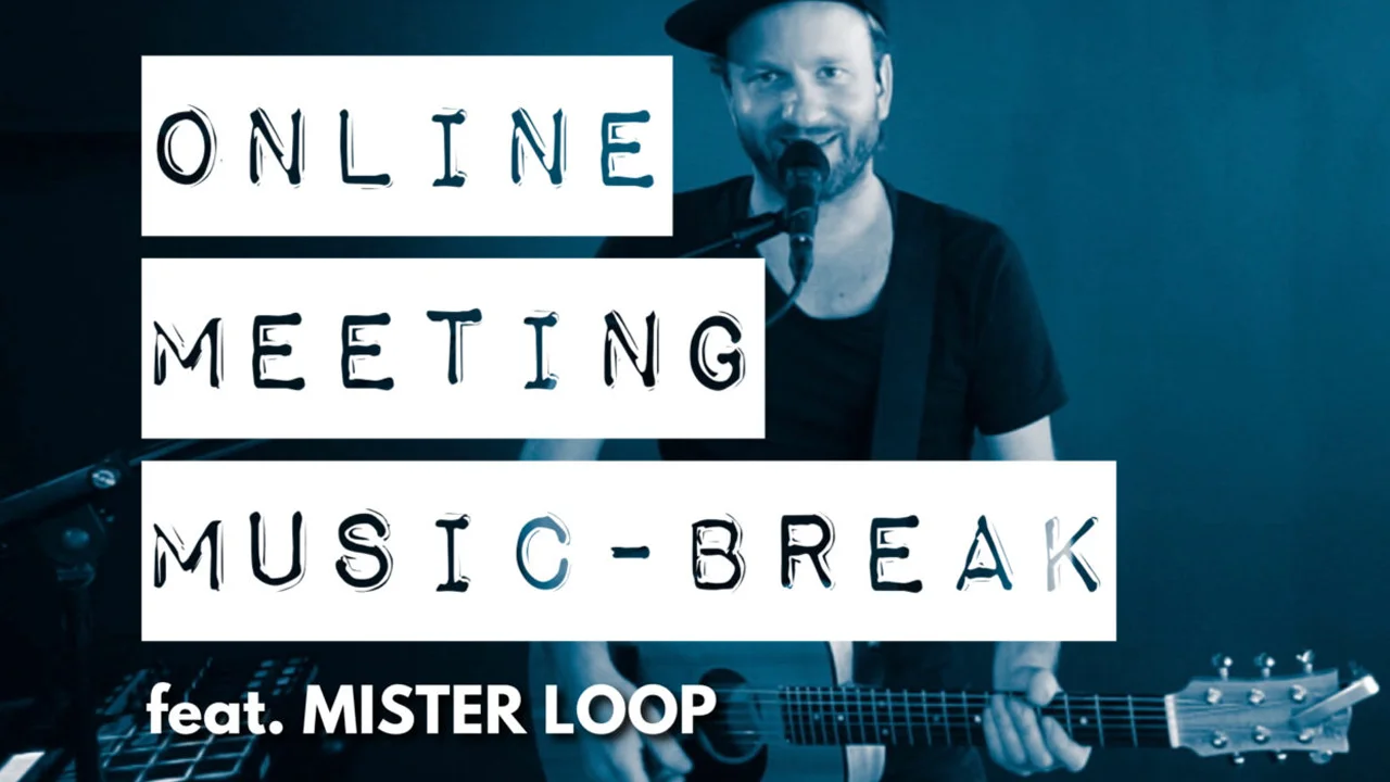 Musiker Mister Loop beim Online-Musik-Pause-Meeting mit Gitarre und entspanntem Ambiente.