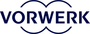 Moderner, minimalistischer Vorwerk-Logo-Design mit tiefblauem Hintergrund und glänzendem, kreisförmigem Element.