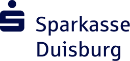 Modernes Sparkassen-Logo auf dunklem Hintergrund mit weißem Symbol für Duisburg.