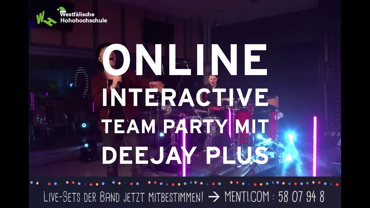 Online interaktiver Team-Party mit Musik, Voting und Live-Performance bei Deejay Plus.