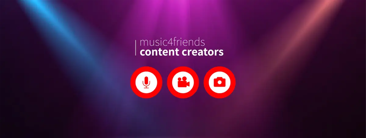 Community für Musik- und Content-Ersteller mit Icons für Audio, Video und Kreativität.